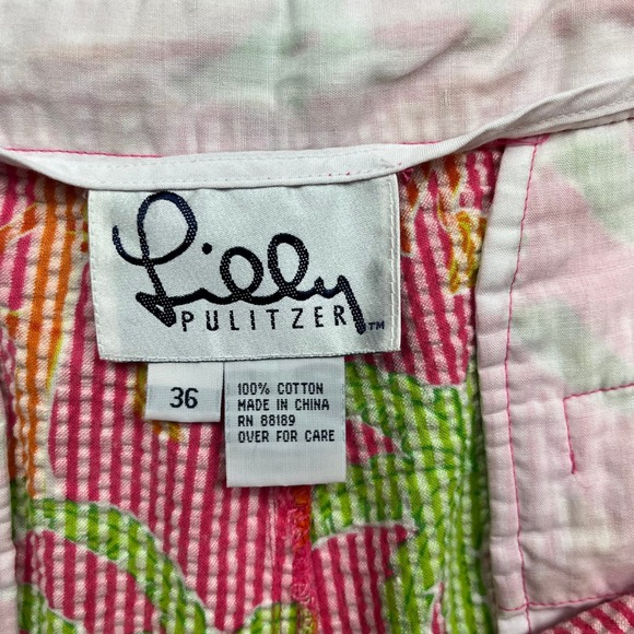 Lilly Pulitzer Seersucker Shorts Womens 36 Pink Green Orange Palm Tree Print - Picture 6 of 7